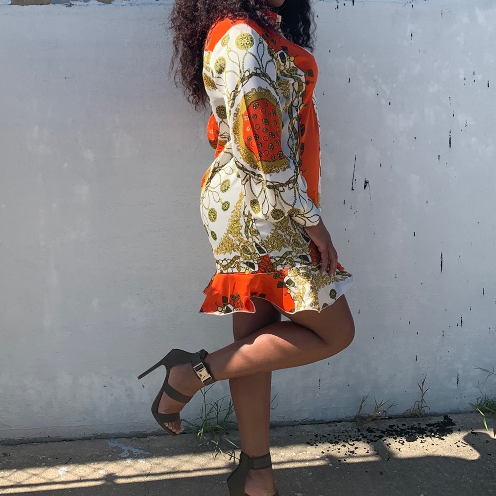 PLT Orange Chain Print Frill Hem Shirt Dress